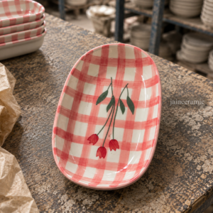 Pink Checkered Oval Plate
